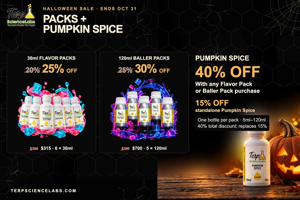 Halloween sale ends October 31 at 11:59PM Pacific. 30ml Flavor Packs 25% off, $315 (was $336; regular $420). 120ml Baller Packs 30% off, $700 (was $750; regular $1,000). Pumpkin Spice 40% total off one bottle with any Flavor or Baller Pack, including 5ml; 15% off standalone and extra bottles. Choose Pumpkin Spice 40% OR sprayer 50% per qualifying pack. Shop Halloween offers.