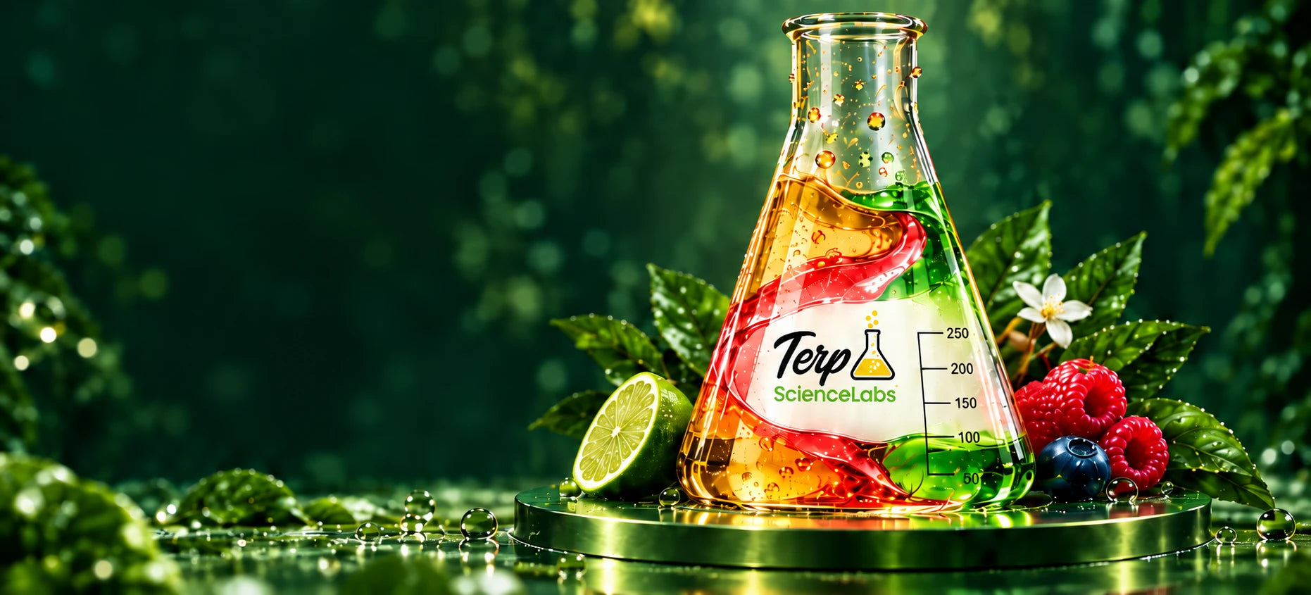 The Terp Science Labs glass beaker with golden, coral and lime liquid ribbons, surrounded by citrus and berries.