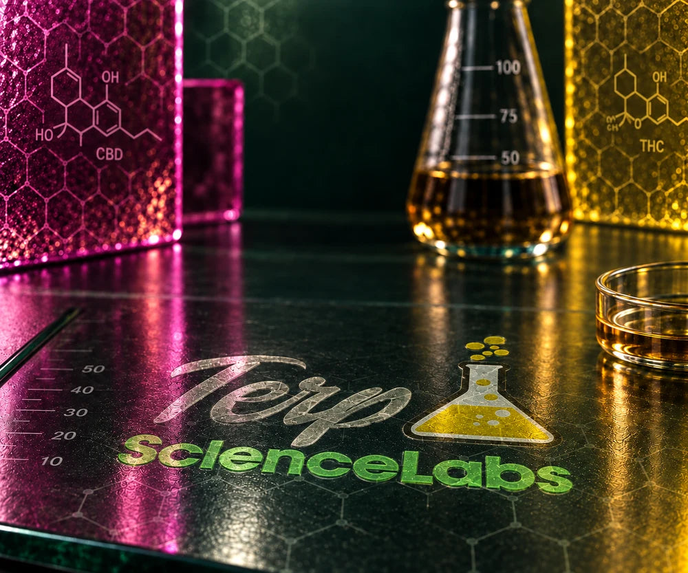TSL logo integrated into a reflective lab tabletop with pink and amber glass; illustrative artwork
